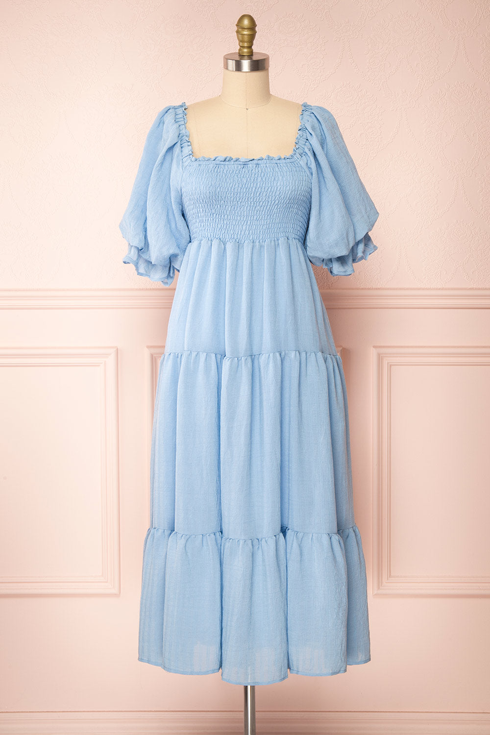 Abra Blue Tiered Midi Dress w/ Puffy ...